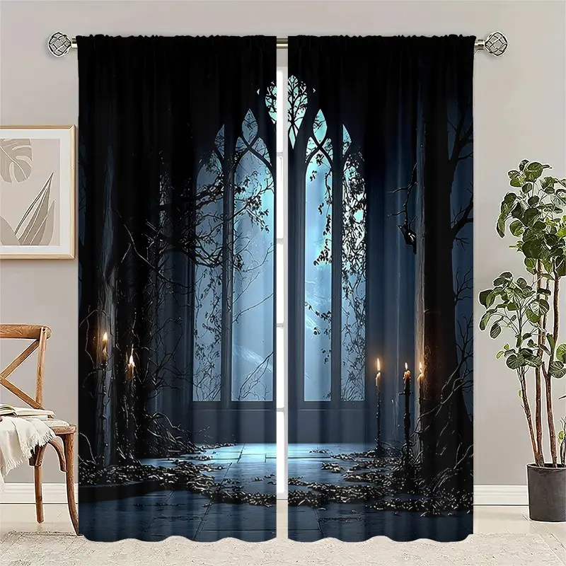 2 pieces, Gothic ancient castle evening scene. It is installed using pocket rod method. It is a digital printed home decorative curtain. Suitable for living room, closet, bedroom, study, dining room and home decoration.
