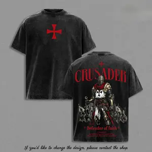 Crusader Defender of Faith Vintage Washed Oversized T-Shirt, 2 Timothy 1:7 Scripture Knight Graphic Tee, Heavy Cotton Medieval Christian Streetwear Top, Unisex Dark Gothic Warrior Shirt