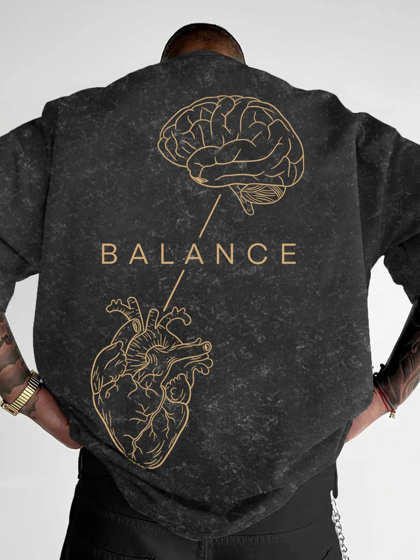 Men's "BALANCE" Brain & Heart Print Washed T-Shirt, Casual Streetwear Short Sleeve Tee, Minimalist Graphic Top, Menswear Casual Style Tee #BalanceTee #BrainHeartPrint #WashedStreetwear #MinimalistTShirt #TikTokMadeMeBuyIt