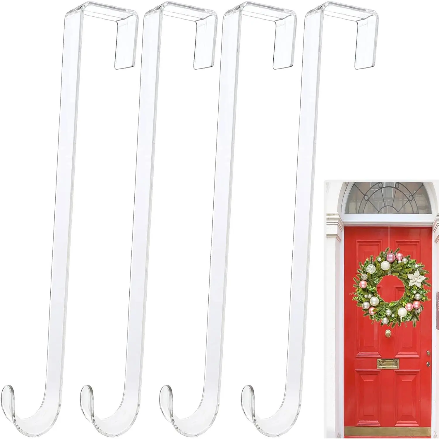 12 Inch-Clear-4 Pack Smooth Glass Wreath Hangers for Front Door, Lightweight Non-Scratch Over-the-Door Hooks for Garland, Fall Christmas Decorations Indoor Outdoor Welcome Sign