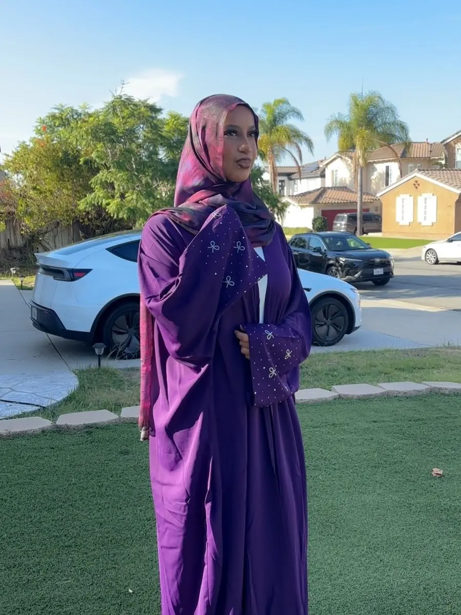 Satin Kaftan Abaya with Rhinestone Cuffs – Open Front Dubai Style Abaya without Matching Hijab