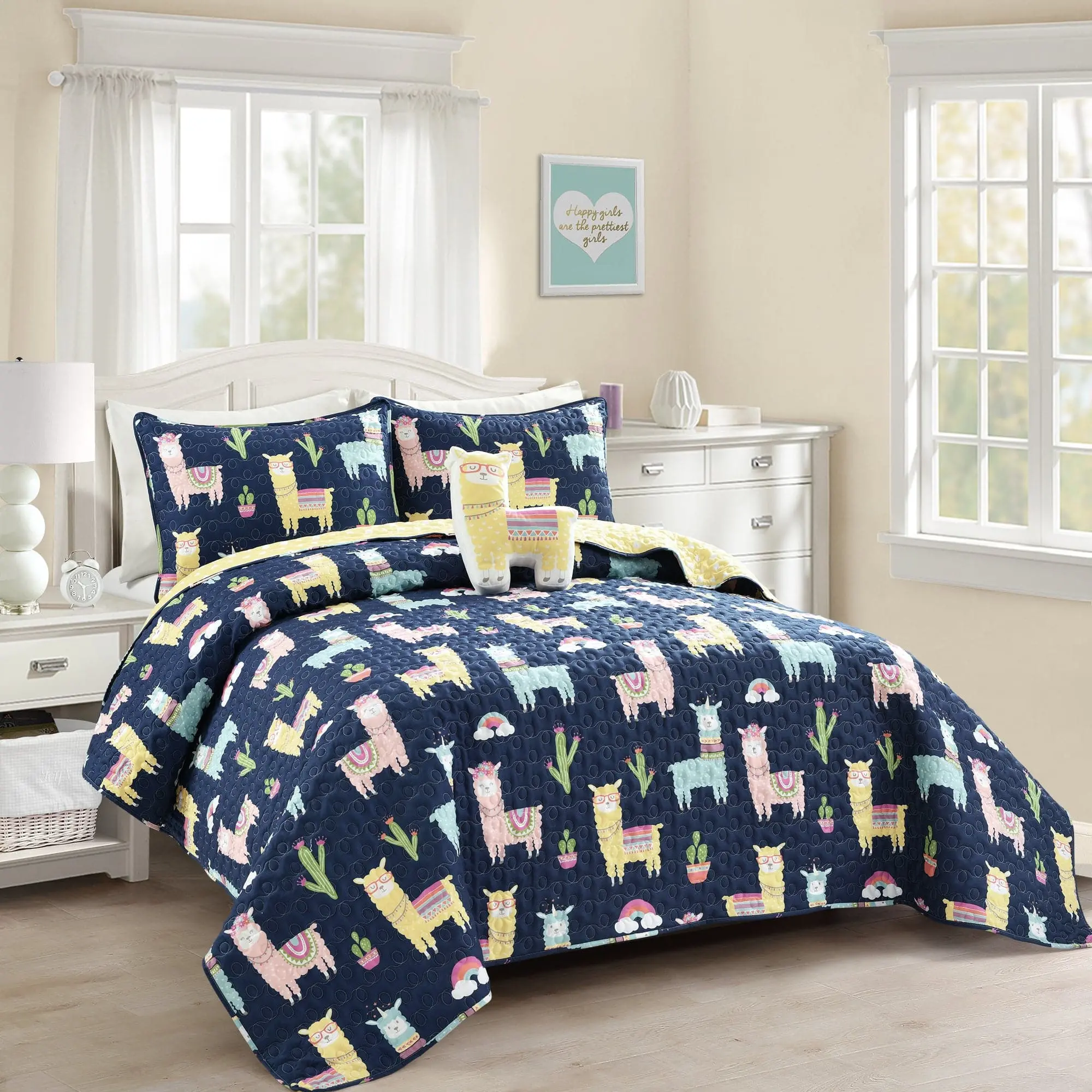 Lush Decor Southwest Llama-Cactus Reversible Quilt Set, Decorative Bedding Set for Bedroom Linens, Polyester
