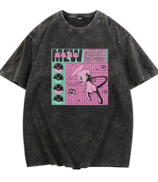 Retro Mew Anime Japanese Mineral Wash Oversized Graphic Tee, Gifts, Father's Day, Birthday, Festival, Husband, Birthday, Christmas, Crewneck Menswear
