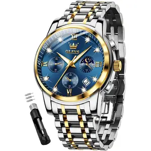 OLEVS Watches for Men, Mens Watches Gifts for Men Chronograph Analog Quartz Luxury Casual Classic Diamond Waterproof Luminous Stainless Steel Reloj para Hombre Blue Dial