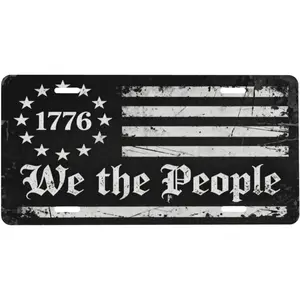 Patriotic "We The People" Black White American Flag Aluminum Front License Plate, 6x12 in Easy-Mount Constitutional Vanity Tag, 4-Hole Metal Cover for Cars, Trucks