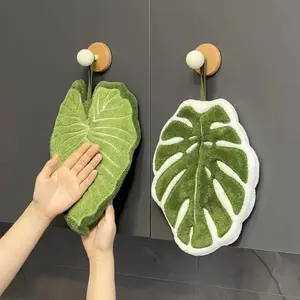 2PCS Monstera deliciosa hand towel, hanging coral fleece, heat-absorbing, plant-themed hand towel, kitchen towel, absorbent and lint-free.