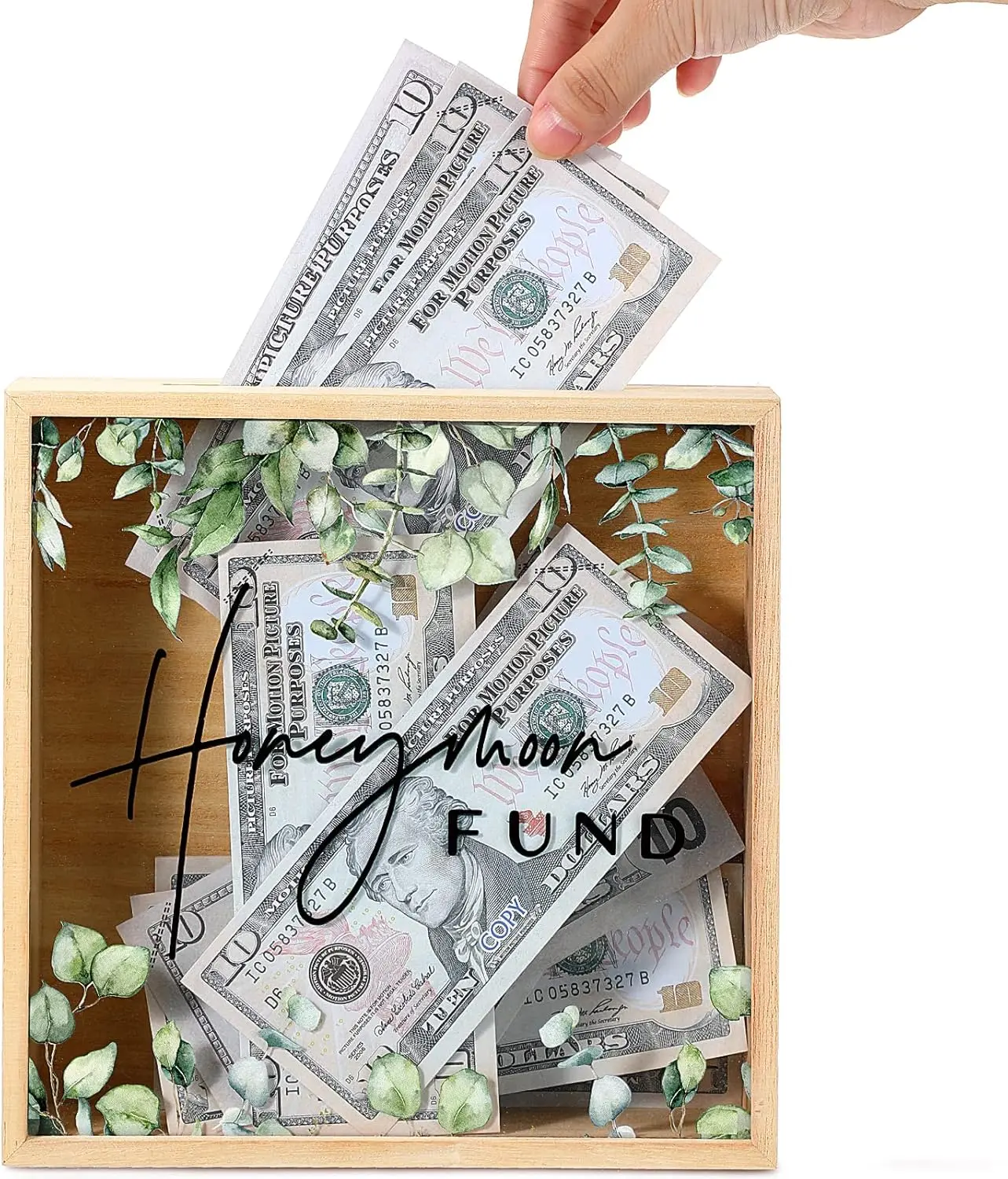 Honey Moon Fund Box Wedding Card Rustic Wooden Fund Case Wood Greenery Honeymoon Shadow Box for Wedding Reception Party Bridal Shower Gift, 8 x 8 Inch