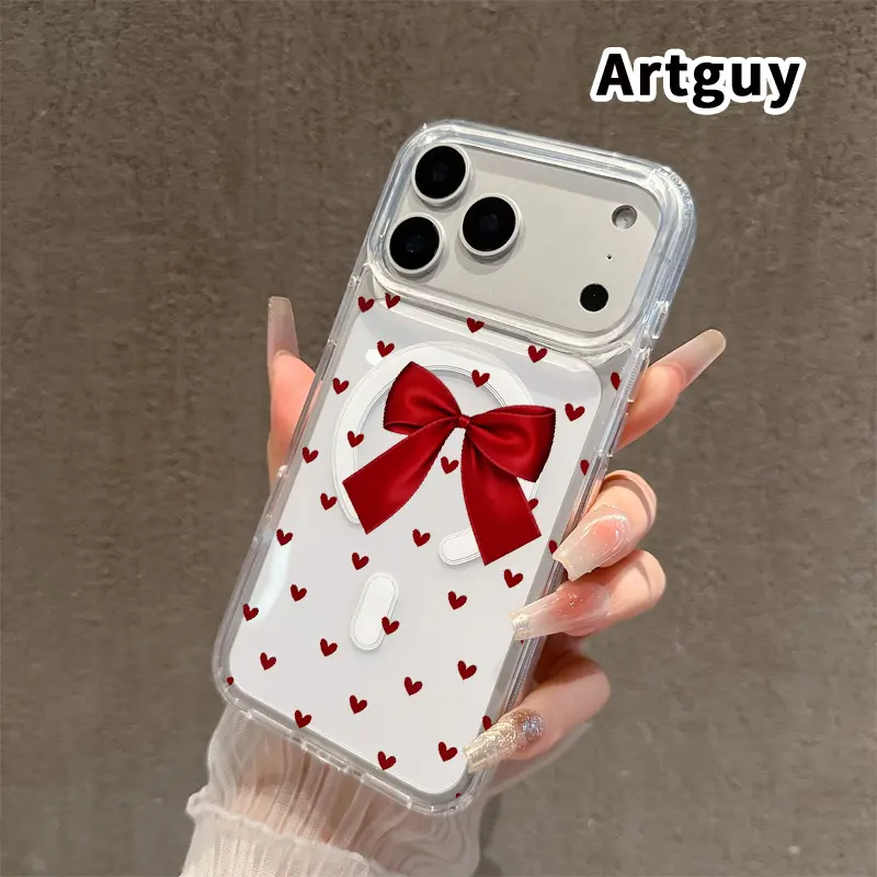 Transparent Magnetic Cellphone Case for iPhone 17,16 Pro Max Plus,15,14,13,12,11,Air - E Heart-Bow Symphony Pattern Acrylic Back, Soft Edge, Anti-Slip Hard Casing with Protection, Wireless-Friendly Phone Accessories
