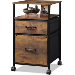 2 Drawer Mobile File Cabinet, Rolling Printer Stand with Open Storage Shelf, Fabric Vertical Filing Cabinet fits A4 or Letter Size for Home Office, Rustic Brown  Grain Print