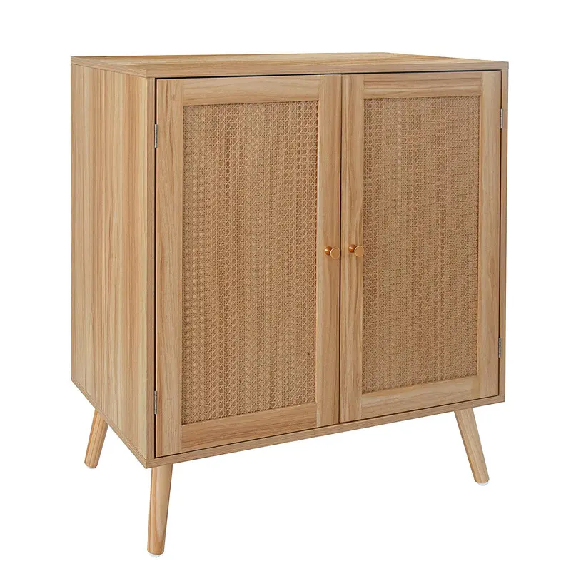 【Christmas Gift】Beige/Khaki 2 Rattan Deco Door Buffet Cabinet with Storage, Sideboard Cabinet Kitchen Storage Cabinet with Adjustable Shelves and Wood Feet, Buffet Cabinet for Hallway, Entry, Living Room