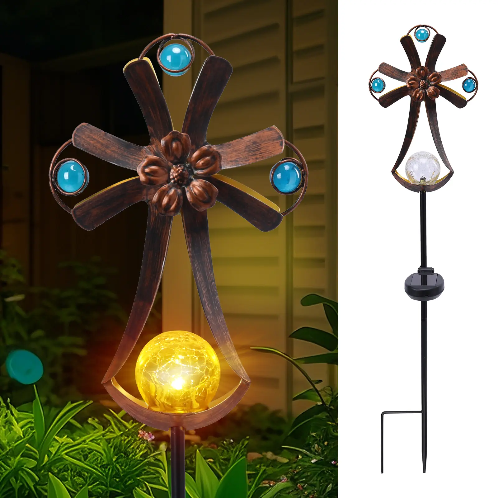 Outdoor Solar Garden Stake,Solar Cross Stake,Crackle Glass Ball With LED Light,Religious,Metal Outdoor Decoration for Garden Yard Outdoors vidrio  craquelado  con  luz  led solar lights outdoor, Outdoor Landscape Lights, Metal Build