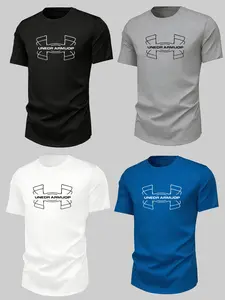 Men's 4-Pack Printed T-Shirts, Breathable Quick-Dry Sporty Short Sleeves, Ideal for Fitness, Daily Wear, Street Style, Summer Essentials