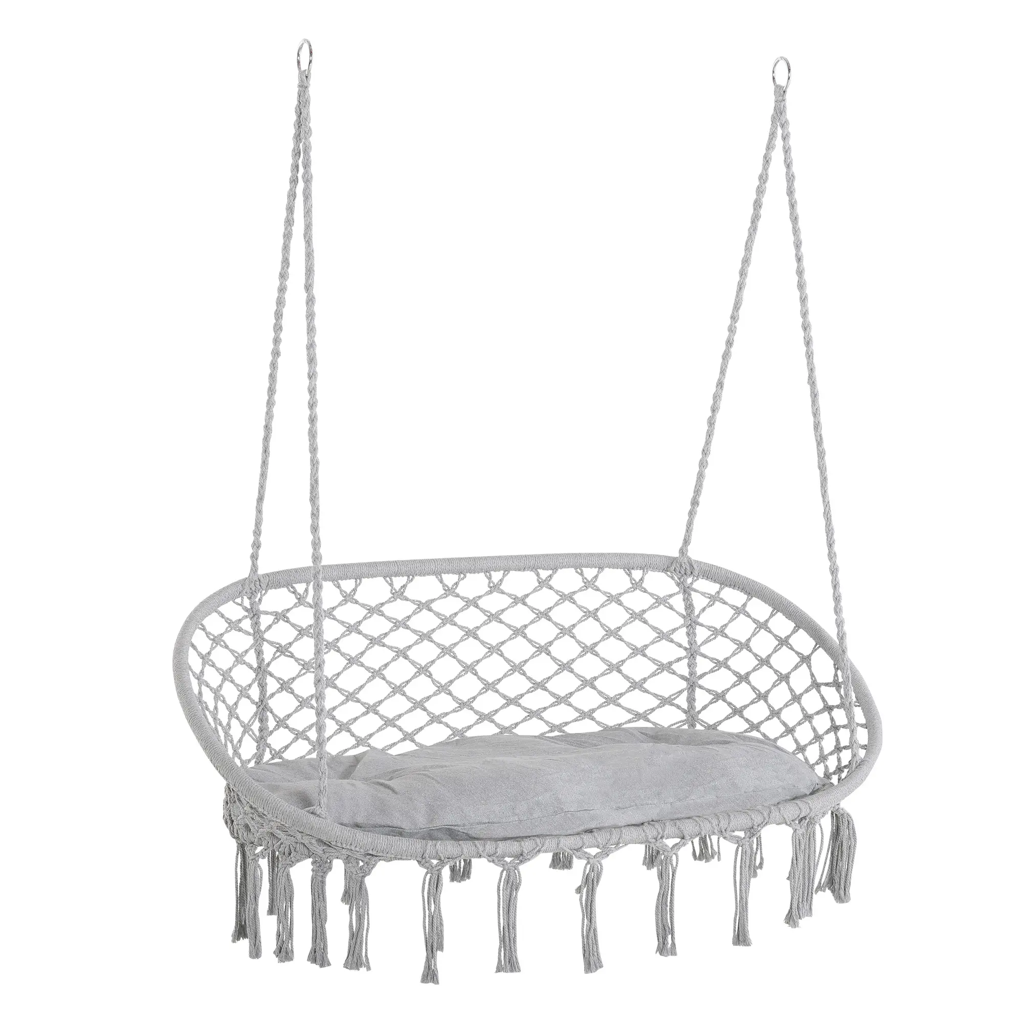 Elegant Handmade Cotton Rope Hanging Chair With Tassel Fringe Hollow Mesh Good Ventilation Lightweight Easy To Install Move And Store For Daily Leisure Time