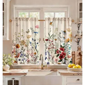 Floral Kitchen Curtains - 36 Inch Length Linen Blend Vintage Kitchen Window Tier Curtains Spring Cafe Drapes Rod Pocket for Windows Light Filtering, 2 Panels