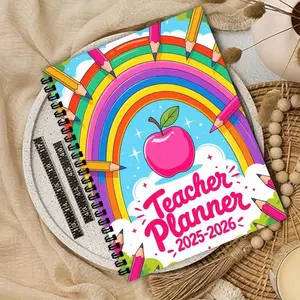 2026 Teacher Planner, Vibrant Rainbow Cover, Colorful Pencils & Apple Design, Ideal for Lesson Planning & Teaching Notes