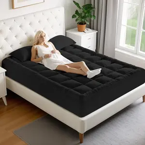 Luxury Black Mattress Topper - 450GSM Extra Thick Bed Pad - Breathable Cooling Mattress Protector - Ultra Soft Cloud Cover for Deep Sleep & Back Support