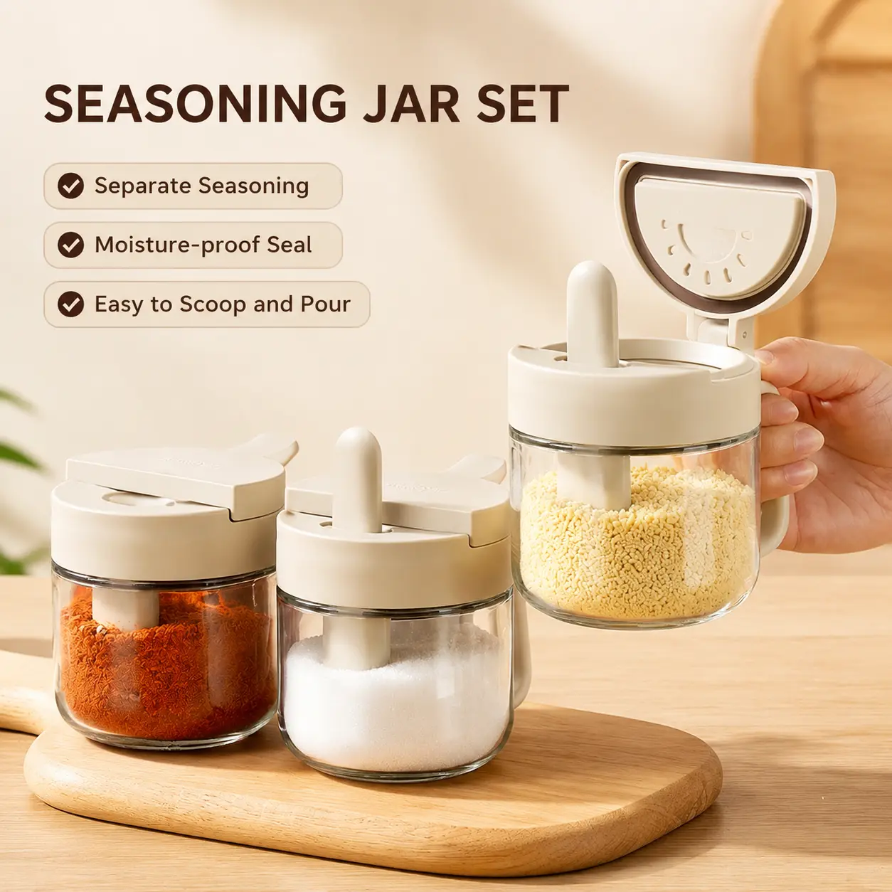 380ml Large Caliber Glass Seasoning Jar with Attached Separated Spoon - Sealed Moisture-Proof Kitchen Utensils Canister with Lid, Reusable for Spice Storage, Easy to Scoop and Pour