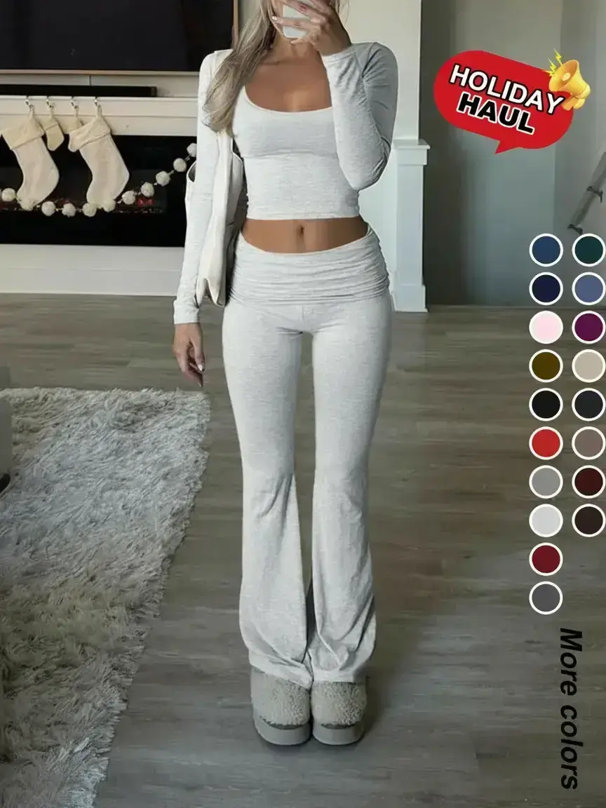 Women's Solid Color Square Neck Long Sleeve Crop Tee & Flare Leg Pants Two-Piece Set, Basic Casual Fashion Cozy Two Piece Outfits for Daily Outdoor Wear,Airport Outfit, Cropped Top, Womenswear, Clothes, Bottoms, Fitted Clothing Set