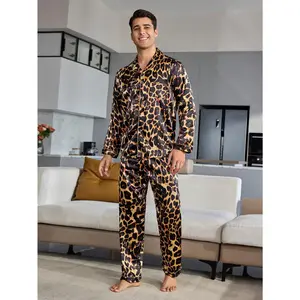 Satin Leopard Lapel Neck Button Down Long Sleeve Top and Pants 2 Piece Pajama Set