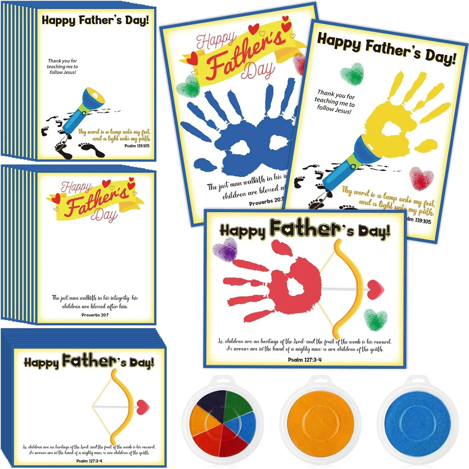 Motipuns 30 Pcs Christian Father's Day Craft Kits for Kids - Bible Verses Handprint Greeting Cards, 3 Large Size (9.1 x 7.1 Inches) Ink Pads, DIY Gifts for Church & Classroom Activities, Handprints