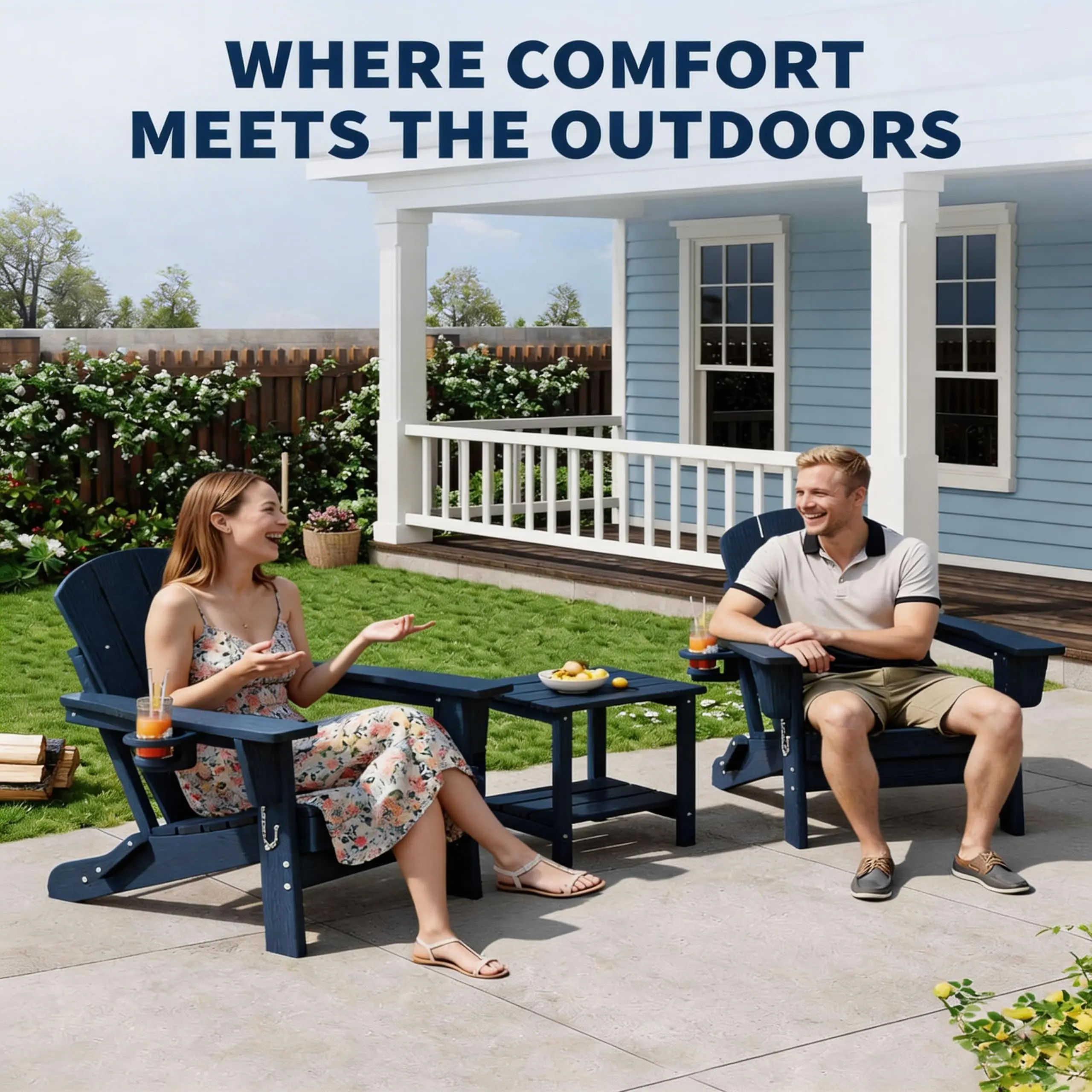 Garvee Folding Navy Blue Adirondack Chair - Durable HDPE Patio Furniture Chair with Cup Holder, All-Weather Resistant Wooden Texture, Easy Assembly for Backyard, Fire Pit Areas, Patio Furniture Chairs