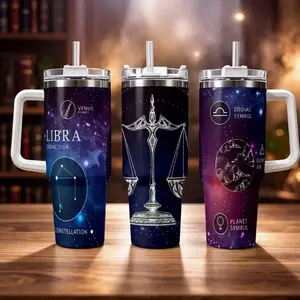 Libra Zodiac Tumbler 40oz with Handle and Straw – Horoscope Scales Constellation Mug