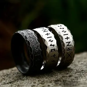 1pcs Vintage Nordic Odin Rune Ring Mens Stainless Steel Ring Engraved Words Fashion Jewelry Suitable for Wedding and Valentine's Day Gift, Vintage Rings, Men's Accessories