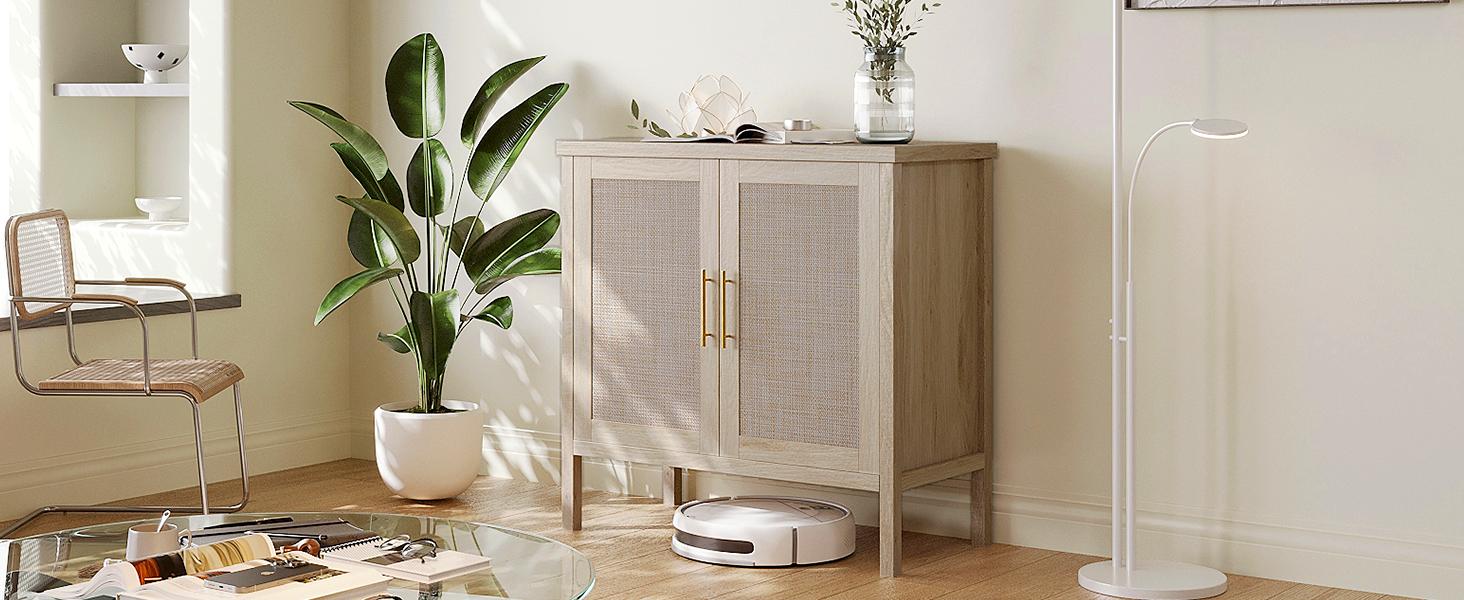 VOWNER Rattan Storage Cabinet, Buffet Cabinet Sideboard with Rattan Decorated Doors, Cupboard for Hallway, Entry, Living Room, 31.5" W x 15.75" D x 31.5" H (Wood Color)