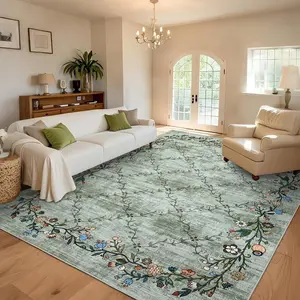 GARVEE 10x13 Washable Floral Area Rugs for Living Room: Modern Floral Non Slip Large Area Rugs for Bedroom, Large Machine Washable Living Room Low Pile Carpet with Non-Slip Backing Green 10'x13'.