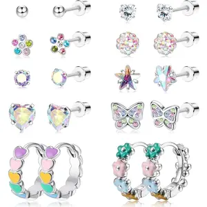 Jstyle 10 Pairs Hypoallergenic Screw Back Earrings for Women Girls 316L Stainless Steel Heart CZ Flower Butterfly Screwback Stud Earring Cute Hoop Earring Set