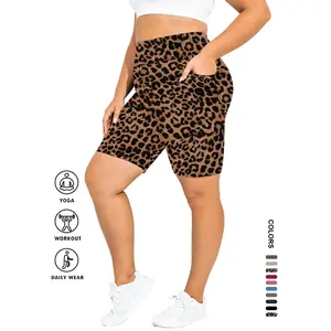 【 plus size 】 Solid/leopard print pocket design tight shorts, casual, comfortable, breathable high waisted tight pants, summer women's underwear, women's clothing, tight shorts, sports yoga shortsRAIMENTRY