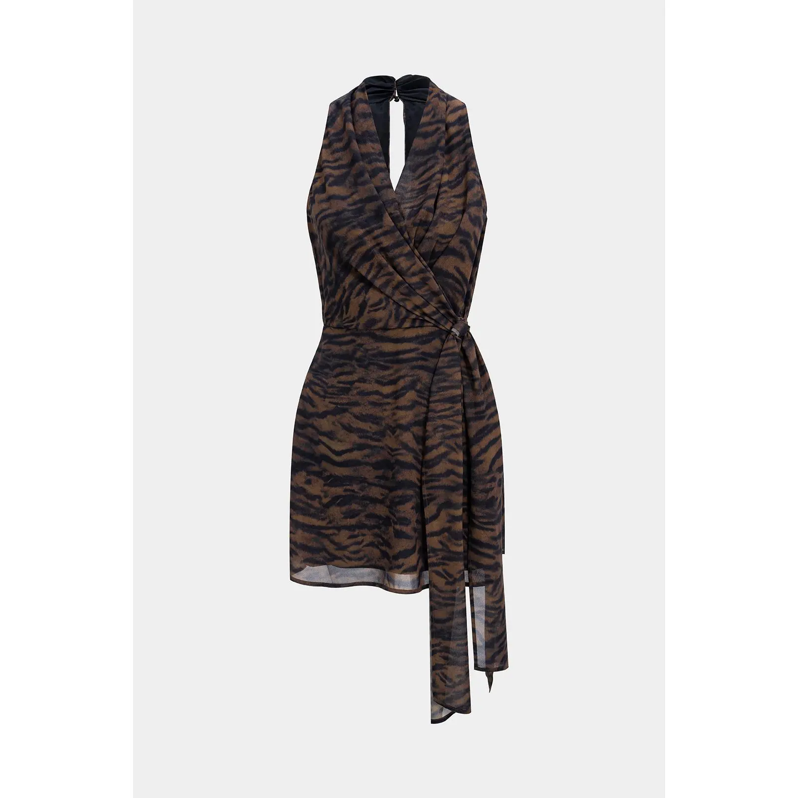 Women's Fitted Casual Polyester Tiger Print Chiffon Dress, V-Neck, Sleeveless, Asymmetric Cut, Knotted, Ruched Mini Dress, Mini Length