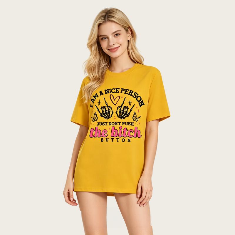 Women's Fitted Breathable Cotton Tee - Short Sleeve Crew Neck, Funny Sarcastic Graphic, Retro Skeleton Hand Print, Casual Boho Summer Beach Tshirt by Sohochic