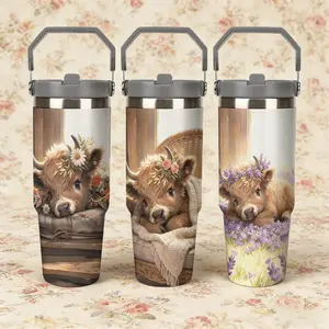1pc 30oz Leakproof Insulated Tumbler with Straw & Handle | Floral Highland Cow Calf Edition | Stainless Steel Travel Mug with Lavender & Wildflower Baby Cow Design | Perfect Gift for Animal Lovers, Cottagecore Fans and Whimsical Home Decor Enthusiasts