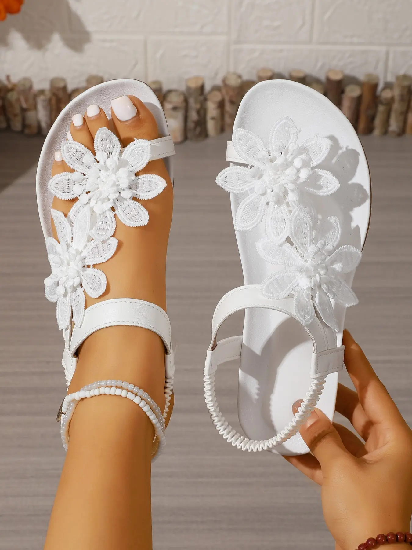 Women's Elegant Floral Embellished Sandals, Daily Wear Footwear, Summer Fairy Tale Style, Toe Thong Design, Wedge, Textile Upper, Anti-Slip Rubber Sole, Medium Width, Flower