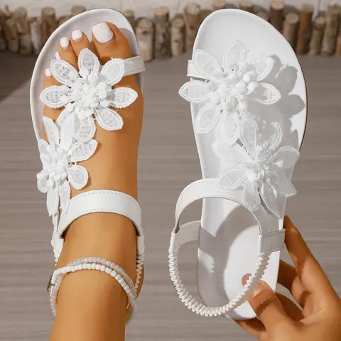 Women's Elegant Sandals, Floral Wedges, 3D Floral Decoration, Summer Fairy Tale Style, Open Toe, Textile Upper, Anti-Slip Sole, Wedge Heel