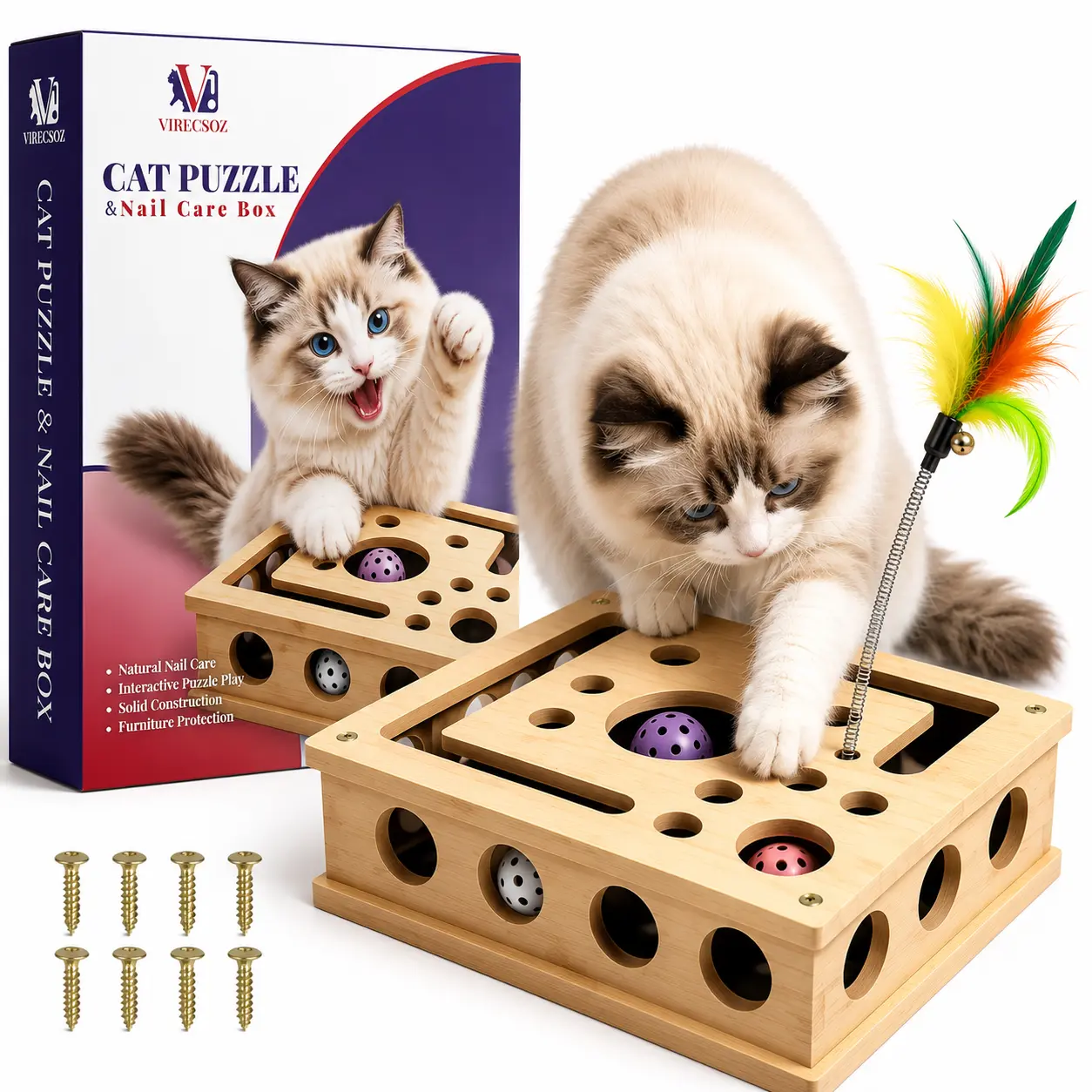 Cat Scratch Puzzle for Indoor Cats, Interactive Wooden Cat Toy with Built-In Scratcher, Felt Mouse Toy, Feather Wand, 3 Bell Balls, Puzzle Feeder, Cat Enrichment Toy, Gift for Cat Lovers