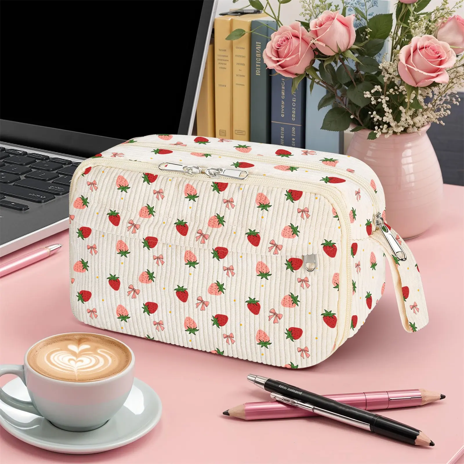 Plush Pencil Case Bag with Compartments, Cute Strawberry Design, Ideal for Students, Unisex School and Stationery Office Supplies Organizer, Office Accessories