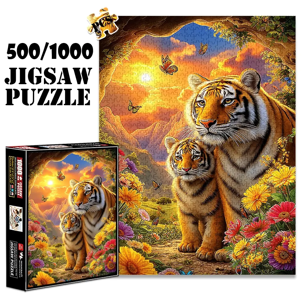 1pc 1000 piece adult puzzle 70x50cm Tigers, Butterflies, Flowers and Animals in a Scenic Landscape 500 pieces of paper jigsaw puzzle, suitable for adults and families, large-scale DIY puzzle interactive toy