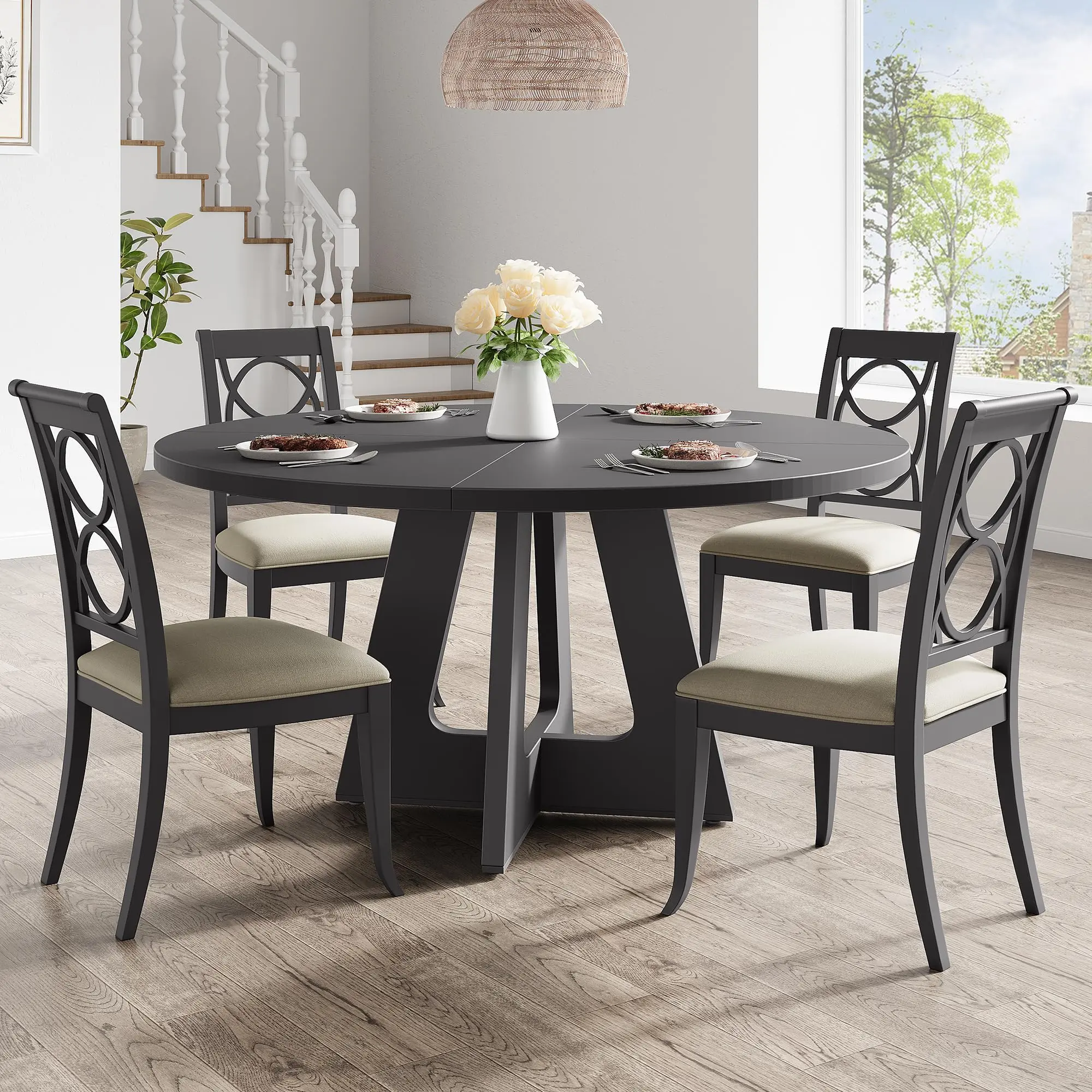 Round Dining Table - 47-Inch Rustic Black Farmhouse Table for 4, Wooden Pedestal Base for Home Dining Room or Living Room (No Chairs Included)