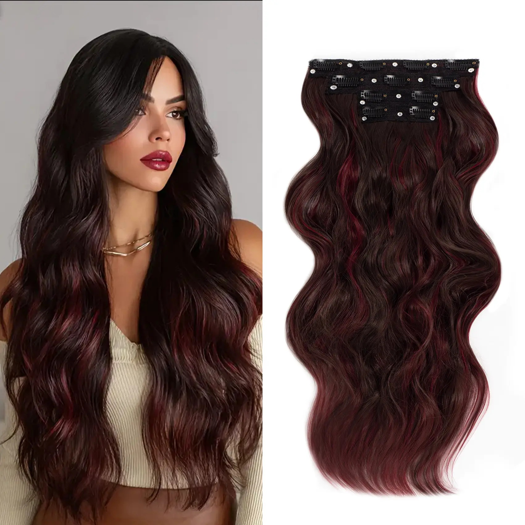 Natural-Looking Clip-in Hairpieces for Female, 24-Inch Long Curly Wavy 4-Piece Thick Double Weft Synthetic Set in Dark Brown & Burgundy Mix, Includes Gift Box, Extensions Hair, Curly Hair Extensions, Casual, Fragrance Free, 30% Lighter, Busy Lifestyle, Cl