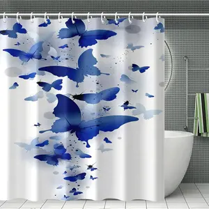 Blue Butterfly Pattern Shower Curtain Set with Mat, Polyester Material, Christmas Bathroom Decor, Includes 12 Hooks, Non-Slip Bath Mat, Bathroom Accessories