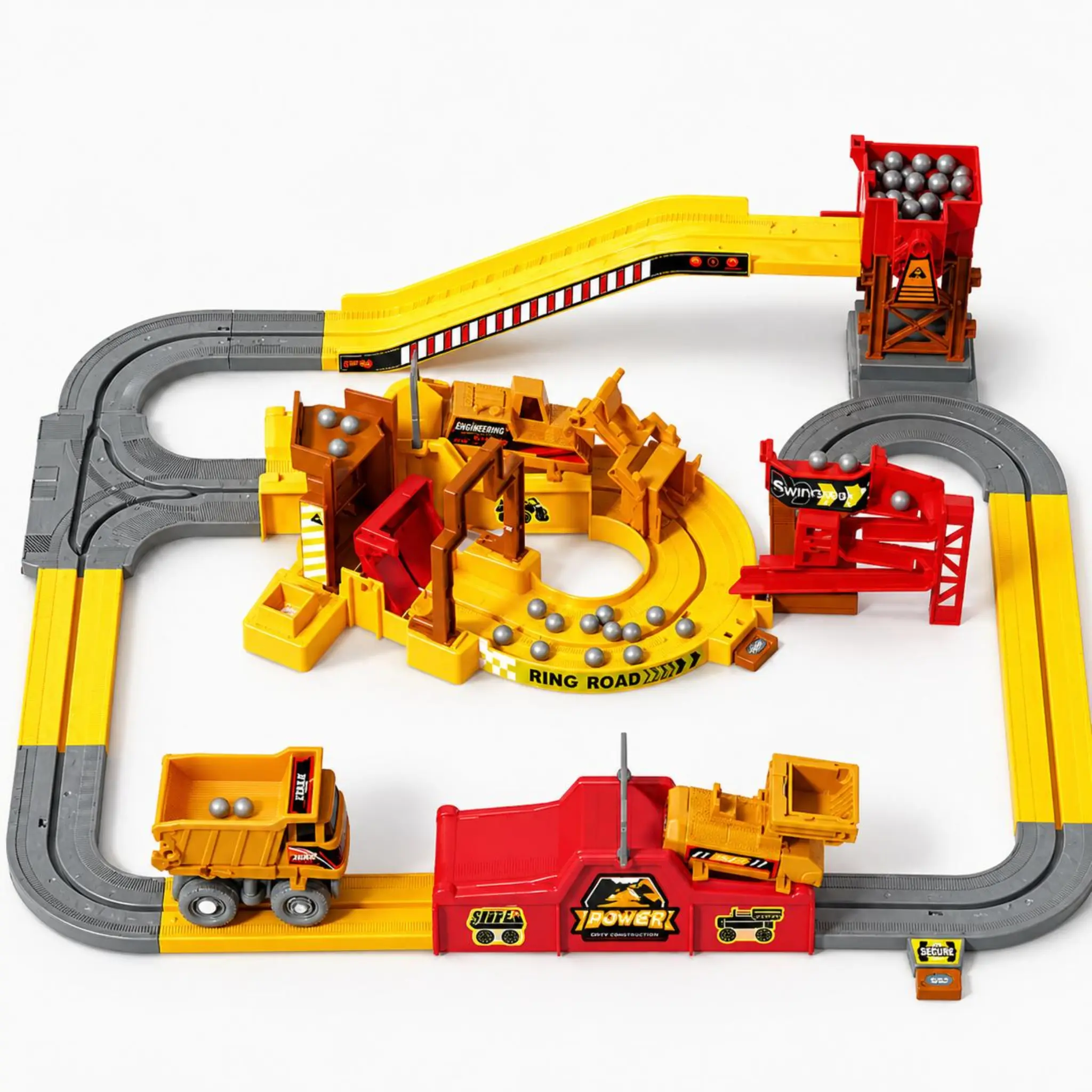 Kids Engineering Construction Track Toy Set – STEM Playset with Excavator, Dump Truck, Automatic Vehicle Switching & Ball Loading Track