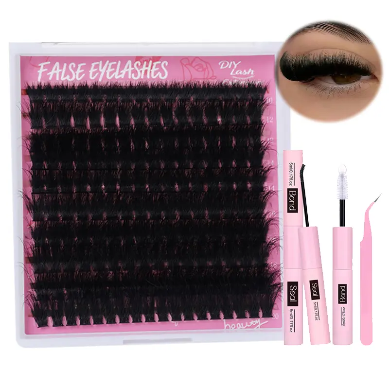 Lash Extension Kit Lash Clusters Kit Thick Eyelash Extension Kit 10-20mm Fluffy Volume Lash Clusters 200D Individual Eyelashes Kit with Lashes Bond, Lash Tweezers, DIY Lash Extension