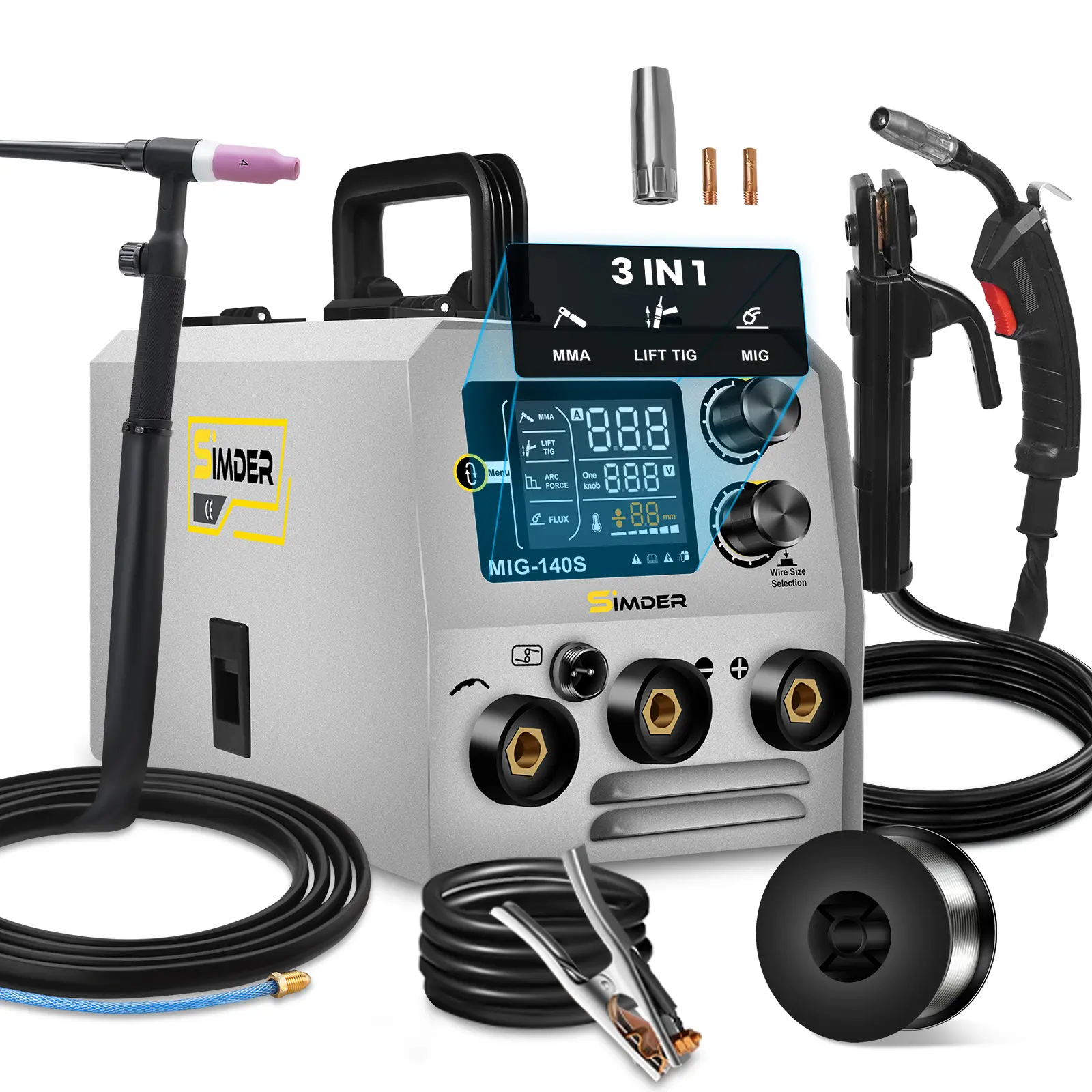S SIMDER 3-in-1 MIG Welder 140A, 110v Smart Synergic MIG Machine with Flux Core MIG, Lift TIG & Stick Welding, IGBT Inverter Welder for DIY & Auto Repair