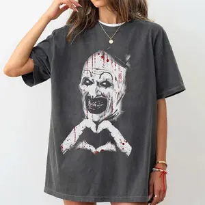 Funny Art The Clown Terrifier Graphic T-shirt, Scary Horror Clown Tshirt, Creepy Heart Hands Tee, Spooky Slasher Fan Gift Unisex, Retro Horror Movie Halloween, Tops Menswear Cotton
