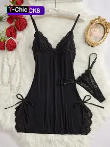 Women's Bow Decor Contrast Lace Cami Nightdress & Thong Set, Comfy Sexy Lingerie for All Seasons, Fashion Ladies Sleepwear & Homewear