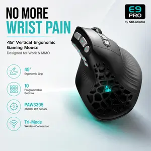 SOLAKAKA E9 PRO Vertical MMO Gaming Mouse - Lightweight Ergonomic Gaming Mouse with 10 Side Buttons,PAW3395 36000 DPI Sensor,45°Grip,Tri-Mode 2.4G/BT/Wired, RGB,1000mAh Rechargeable Mouse for PC/Mac - Black summerwins,summerwins