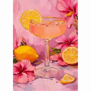 Tropical Pink Cocktail With Lemons & Hibiscus Flowers, Vibrant Oil Painting Style Drink Art, 5D Full Drill Round & Square Diamond Painting Kit, DIY Rhinestone Cross Stitch Embroidery, Bright Summer Floral Wall Decor For Home, Diy Craft Supplies