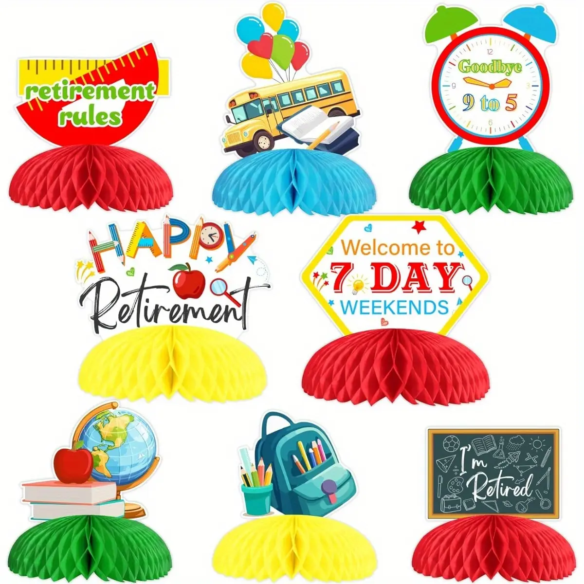 8pcs Teacher Retirement Decoration Honeycomb Centerpiece Happy Retirement DoubleSided Printing Table Decoration for Woman Man Teacher Retirement Party Decoration